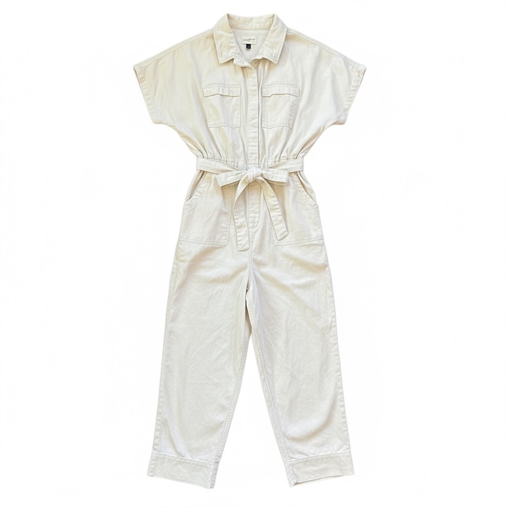 Universal Thread Cream Belted Button Up Ankle Crop Denim Jumpsuit Size 16